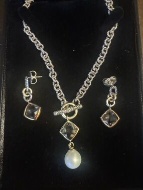 David Yurman set 18k / Ss toggle Elegant Pearl Drop Necklace prasiolite earrings